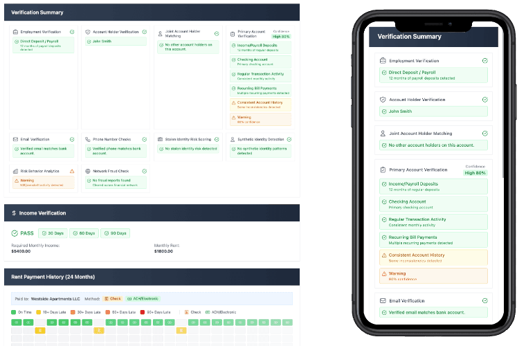 Verification results dashboard showing approved status with detailed breakdown of all checks