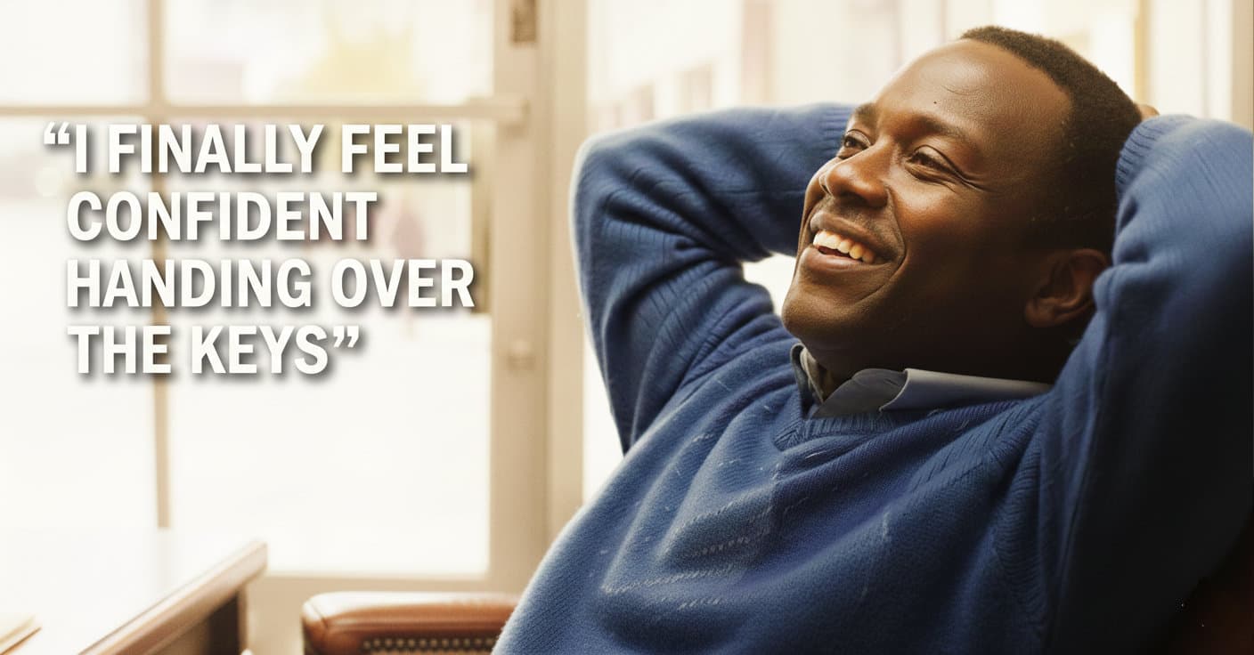 Satisfied landlord reviewing tenant screening report on laptop, where he says 'I finally feel confident handing over the keys'.